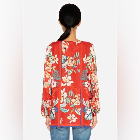 Johnny Was Evy Red Floral 100% Silk Blouse Medium Balloon Sleeve Lightweight - Picture 14 of 14